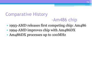 79
Comparative History
-Am486 chip
• 1993-AMD releases first competing chip: Am486
• 1994-AMD improves chip with Am486DX
• Am486DX processes up to 100MHz
 