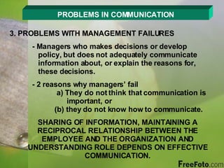 PROBLEMS IN COMMUNICATION 3. PROBLEMS WITH MANAGEMENT FAILURES - Managers who makes decisions or develop      policy, but does not adequately communicate      information about, or explain the reasons for,      these decisions. - 2 reasons why managers’ fail  a) They do not think that communication is      important, or  (b) they do not know how to communicate. SHARING OF INFORMATION, MAINTAINING A RECIPROCAL RELATIONSHIP BETWEEN THE EMPLOYEE AND THE ORGANIZATION AND UNDERSTANDING ROLE DEPENDS ON EFFECTIVE COMMUNICATION. 