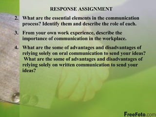 RESPONSE ASSIGNMENT What are the essential elements in the communication process? Identify them and describe the role of each. From your own work experience, describe the importance of communication in the workplace. What are the some of advantages and disadvantages of relying solely on oral communication to send your ideas?  What are the some of advantages and disadvantages of relying solely on written communication to send your ideas? 