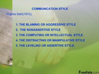 COMMUNICATION STYLE Virginia Satri(1972),  1. THE BLAMING OR AGGRESSIVE STYLE 2.  THE NONASSERTIVE STYLE 3. THE COMPUTING OR INTELLECTUAL STYLE 4. THE DISTRACTING OR MANIPULATIVE STYLE 5. THE LEVELING OR ASSERTIVE STYLE. 
