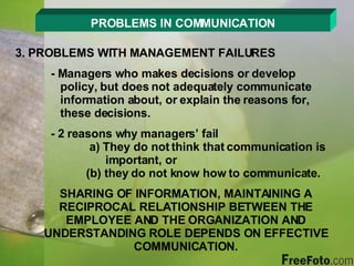PROBLEMS IN COMMUNICATION 3. PROBLEMS WITH MANAGEMENT FAILURES - Managers who makes decisions or develop      policy, but does not adequately communicate      information about, or explain the reasons for,      these decisions. - 2 reasons why managers’ fail  a) They do not think that communication is      important, or  (b) they do not know how to communicate. SHARING OF INFORMATION, MAINTAINING A RECIPROCAL RELATIONSHIP BETWEEN THE EMPLOYEE AND THE ORGANIZATION AND UNDERSTANDING ROLE DEPENDS ON EFFECTIVE COMMUNICATION. 