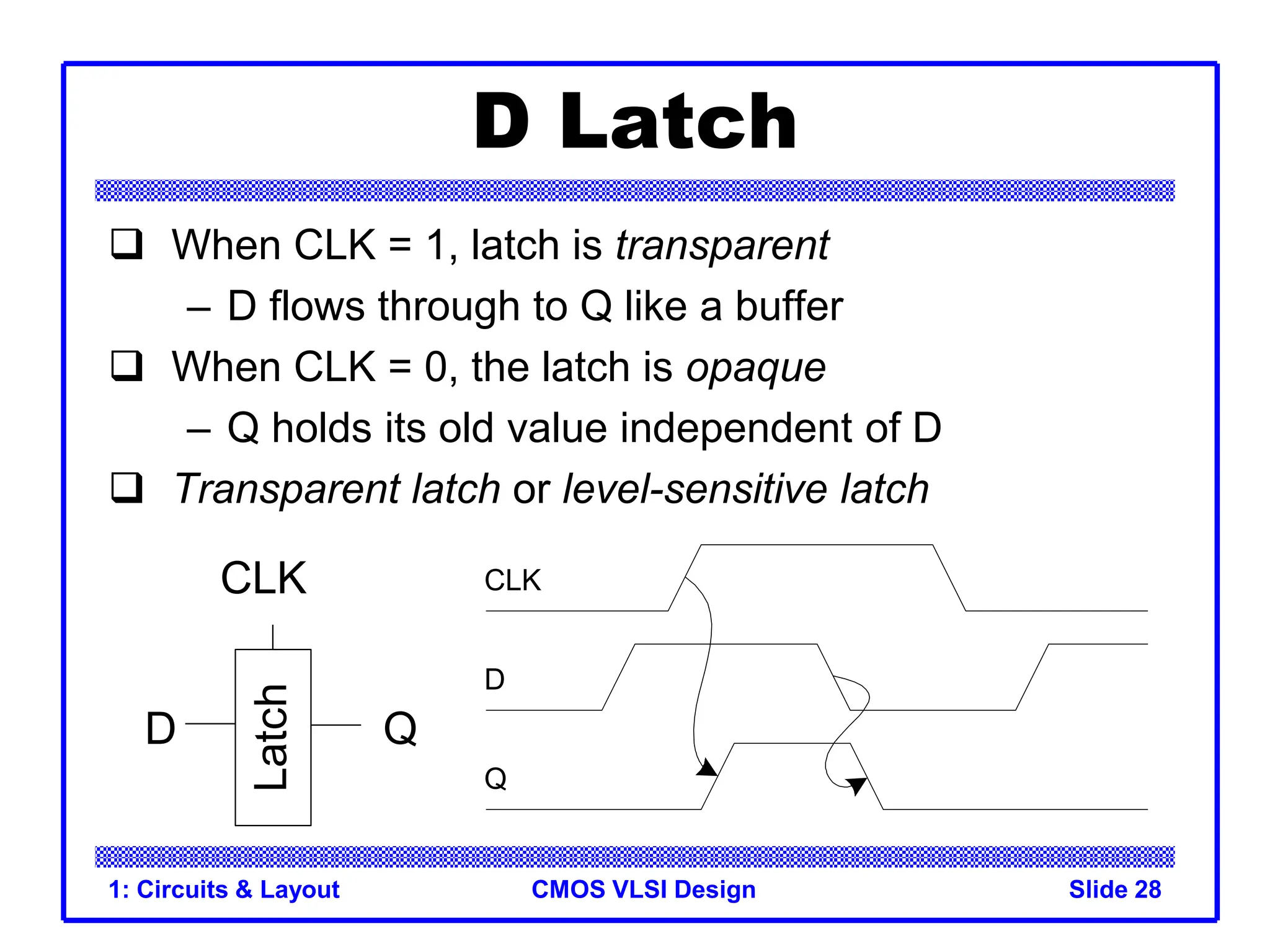 CMOS VLSI Design
1: Circuits & Layout Slide 28
D Latch
 When CLK = 1, latch is transparent
– D flows through to Q like a buffer
 When CLK = 0, the latch is opaque
– Q holds its old value independent of D
 Transparent latch or level-sensitive latch
CLK
D Q
Latch
D
CLK
Q
 