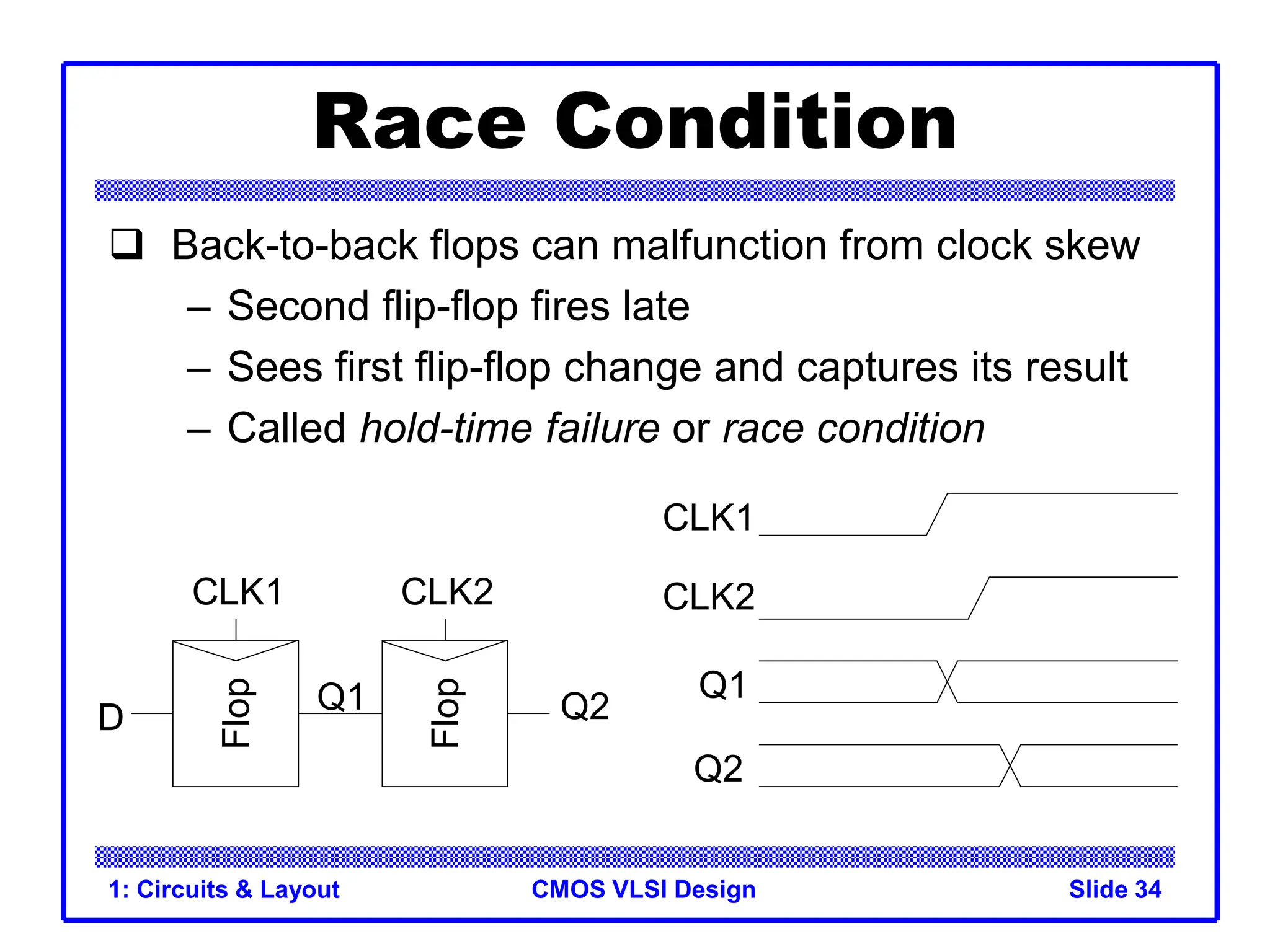 CMOS VLSI Design
1: Circuits & Layout Slide 34
Race Condition
 Back-to-back flops can malfunction from clock skew
– Second flip-flop fires late
– Sees first flip-flop change and captures its result
– Called hold-time failure or race condition
CLK1
D
Q1
Flop
Flop
CLK2
Q2
CLK1
CLK2
Q1
Q2
 