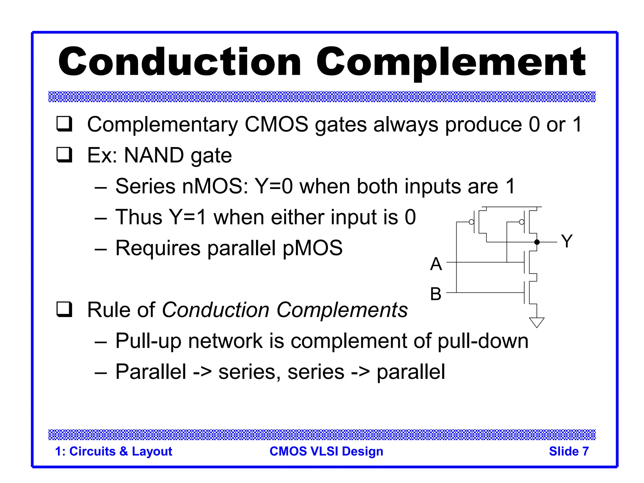 CMOS VLSI Design
1: Circuits & Layout Slide 7
Conduction Complement
 Complementary CMOS gates always produce 0 or 1
 Ex: NAND gate
– Series nMOS: Y=0 when both inputs are 1
– Thus Y=1 when either input is 0
– Requires parallel pMOS
 Rule of Conduction Complements
– Pull-up network is complement of pull-down
– Parallel -> series, series -> parallel
A
B
Y
 