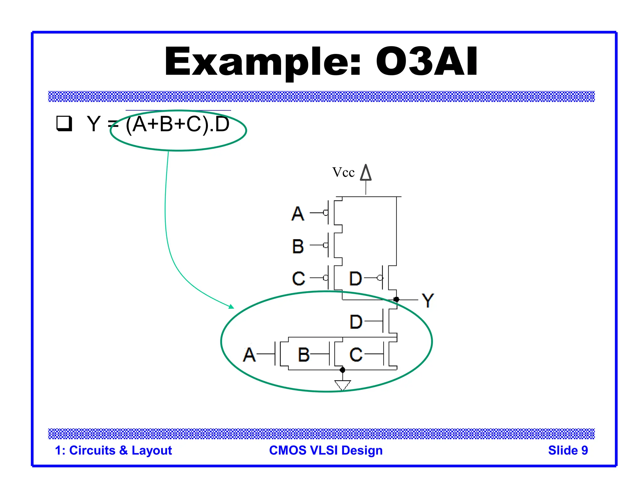 CMOS VLSI Design
 Y = (A+B+C).D
Vcc
1: Circuits & Layout Slide 9
Example: O3AI
 