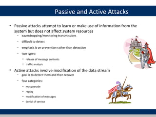 Passive and Active Attacks
• Passive attacks attempt to learn or make use of information from the
  system but does not affect system resources
    –   eavesdropping/monitoring transmissions
    –   difficult to detect
    –   emphasis is on prevention rather than detection
    –   two types:
        • release of message contents
        • traffic analysis

• Active attacks involve modification of the data stream
    –   goal is to detect them and then recover
    –   four categories:
        • masquerade
        • replay
        • modification of messages
        • denial of service
 