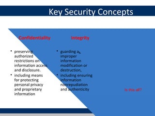 Key Security Concepts

    Confidentiality             Integrity            Availability

• preserving            • guarding against     • ensuring timely
  authorized              improper               and reliable access
  restrictions on         information            to and use of
  information access      modification or        information
  and disclosure.         destruction,
• including means       • including ensuring
  for protecting          information
  personal privacy        nonrepudiation
  and proprietary         and authenticity                   Is this all?
  information
 