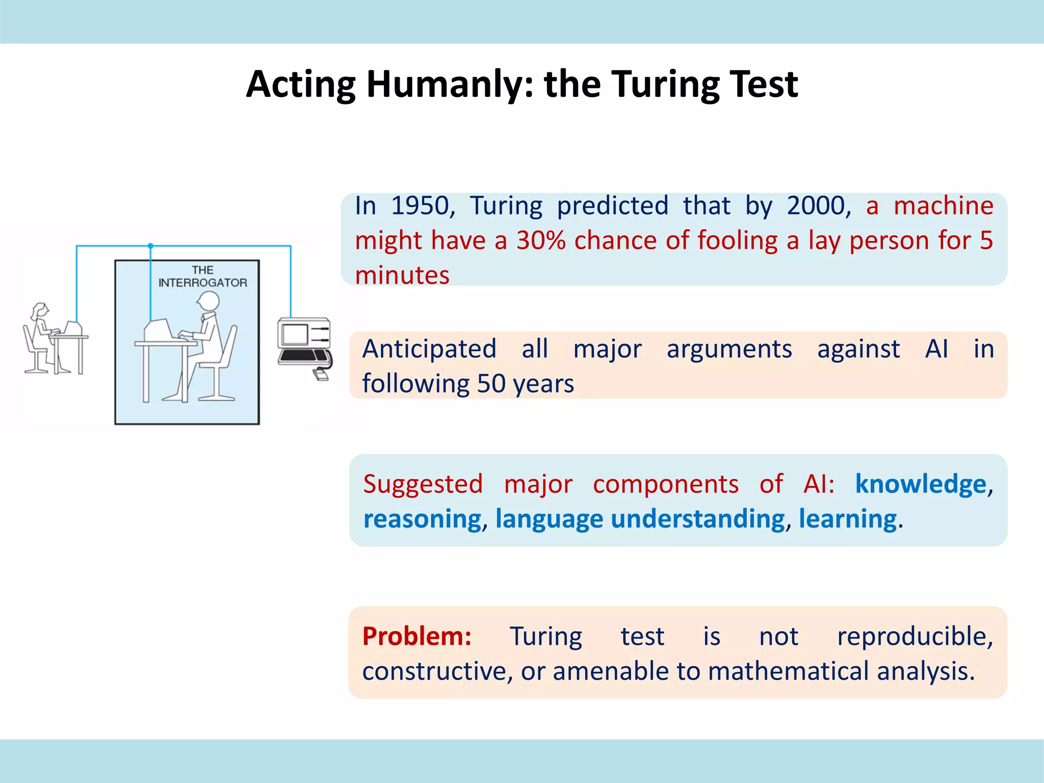 Acting Humanly: the Turing Test
In 1950, Turing predicted that by 2000, a machine
might have a 30% chance of fooling a lay person for 5
minutes
Anticipated all major arguments against AI in
following 50 years
Suggested major components of AI: knowledge,
reasoning, language understanding, learning.
Problem: Turing test is not reproducible,
constructive, or amenable to mathematical analysis.
 