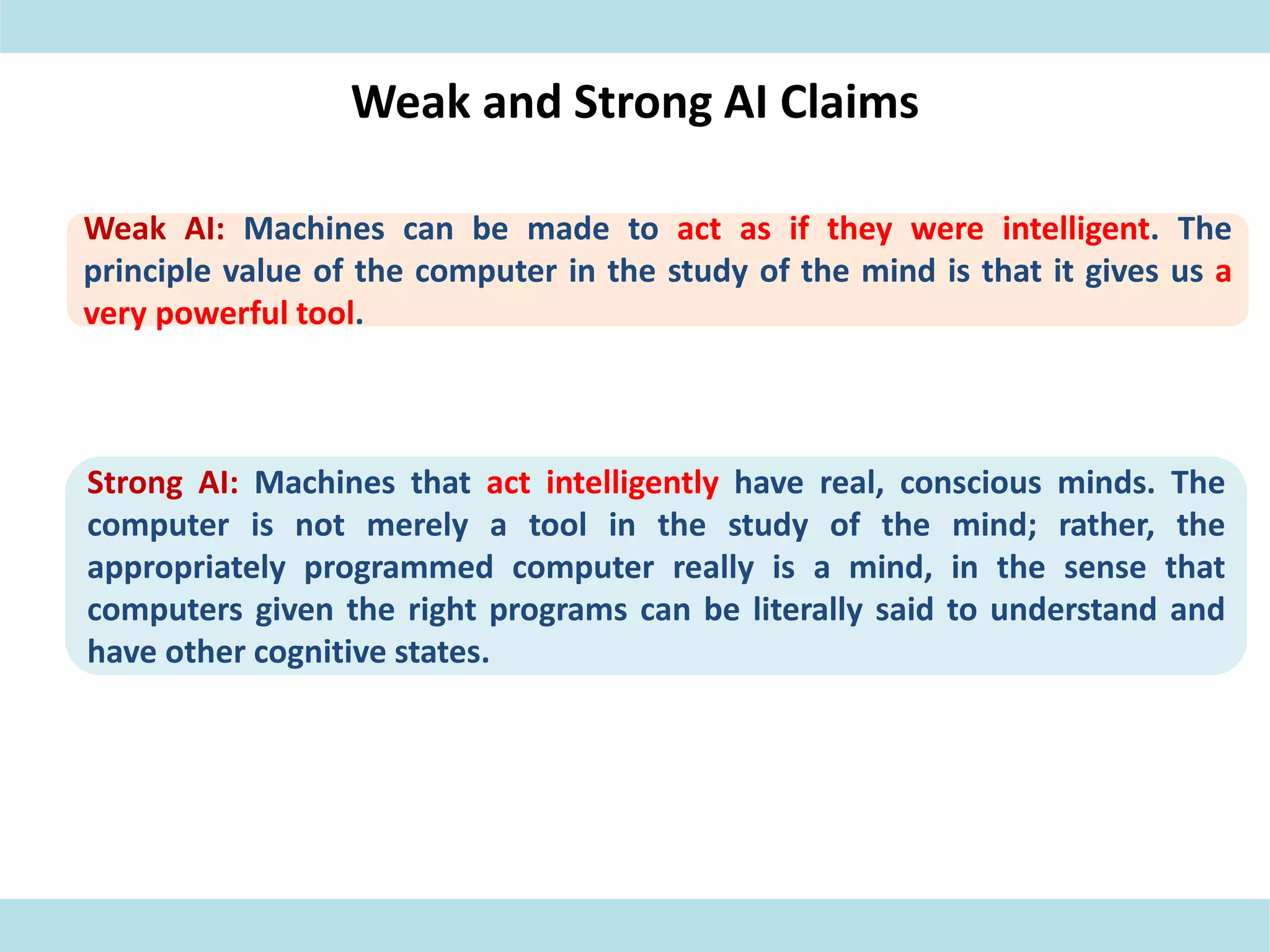 Weak and Strong AI Claims
Weak AI: Machines can be made to act as if they were intelligent. The
principle value of the computer in the study of the mind is that it gives us a
very powerful tool.
Strong AI: Machines that act intelligently have real, conscious minds. The
computer is not merely a tool in the study of the mind; rather, the
appropriately programmed computer really is a mind, in the sense that
computers given the right programs can be literally said to understand and
have other cognitive states.
 