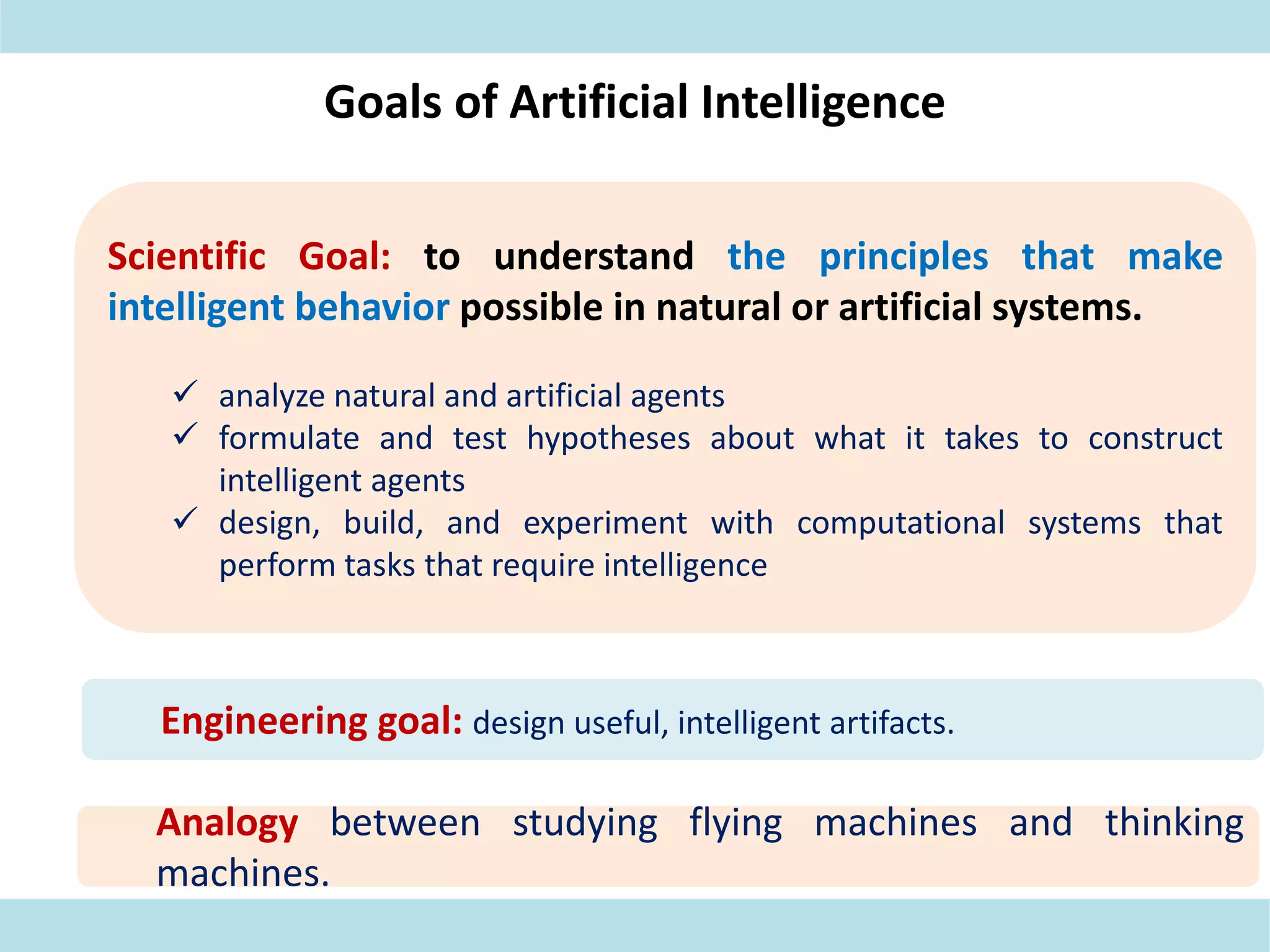 Goals of Artificial Intelligence
Scientific Goal: to understand the principles that make
intelligent behavior possible in natural or artificial systems.
 analyze natural and artificial agents
 formulate and test hypotheses about what it takes to construct
intelligent agents
 design, build, and experiment with computational systems that
perform tasks that require intelligence
Engineering goal: design useful, intelligent artifacts.
Analogy between studying flying machines and thinking
machines.
 