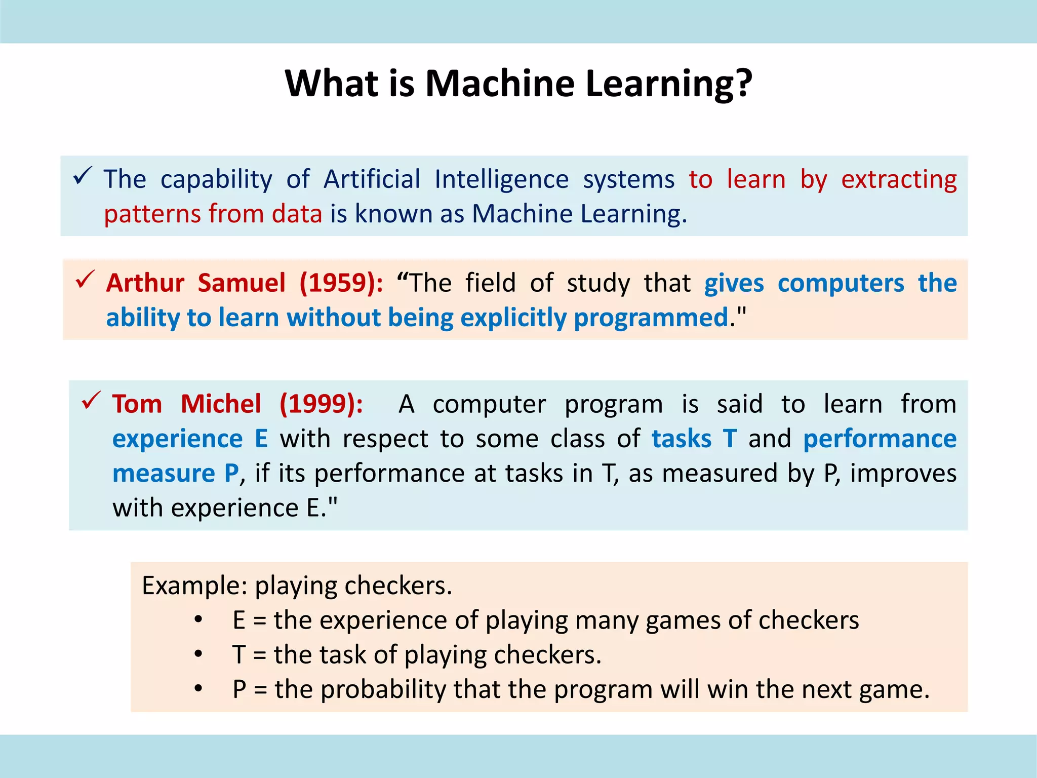 What is Machine Learning?
 The capability of Artificial Intelligence systems to learn by extracting
patterns from data is known as Machine Learning.
 Arthur Samuel (1959): “The field of study that gives computers the
ability to learn without being explicitly programmed."
 Tom Michel (1999): A computer program is said to learn from
experience E with respect to some class of tasks T and performance
measure P, if its performance at tasks in T, as measured by P, improves
with experience E."
Example: playing checkers.
• E = the experience of playing many games of checkers
• T = the task of playing checkers.
• P = the probability that the program will win the next game.
 