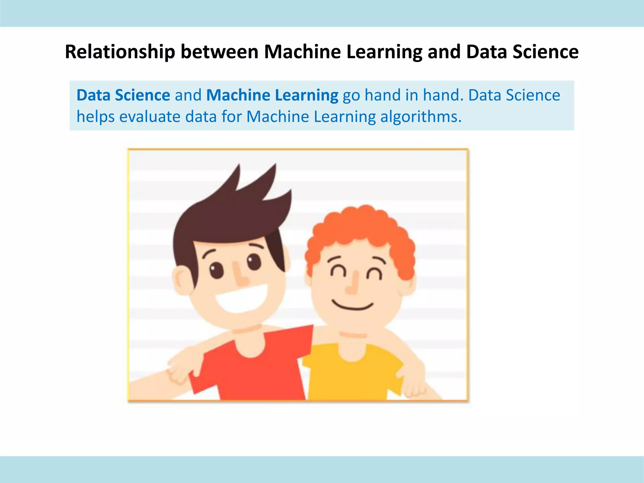Relationship between Machine Learning and Data Science
Data Science and Machine Learning go hand in hand. Data Science
helps evaluate data for Machine Learning algorithms.
 