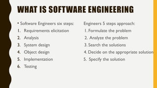 WHAT IS SOFTWARE ENGINEERING
• Software Engineers six steps: Engineers 5 steps approach:
1. Requirements elicitation 1. Formulate the problem
2. Analysis 2. Analyze the problem
3. System design 3. Search the solutions
4. Object design 4. Decide on the appropriate solution
5. Implementation 5. Specify the solution
6. Testing
 