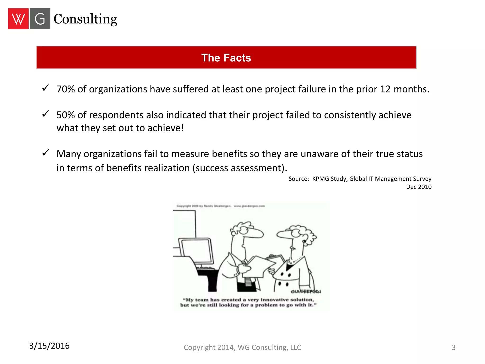 Copyright 2014, WG Consulting, LLC 33/15/2016
 70% of organizations have suffered at least one project failure in the prior 12 months.
 50% of respondents also indicated that their project failed to consistently achieve
what they set out to achieve!
 Many organizations fail to measure benefits so they are unaware of their true status
in terms of benefits realization (success assessment).
Source: KPMG Study, Global IT Management Survey
Dec 2010
The Facts
 