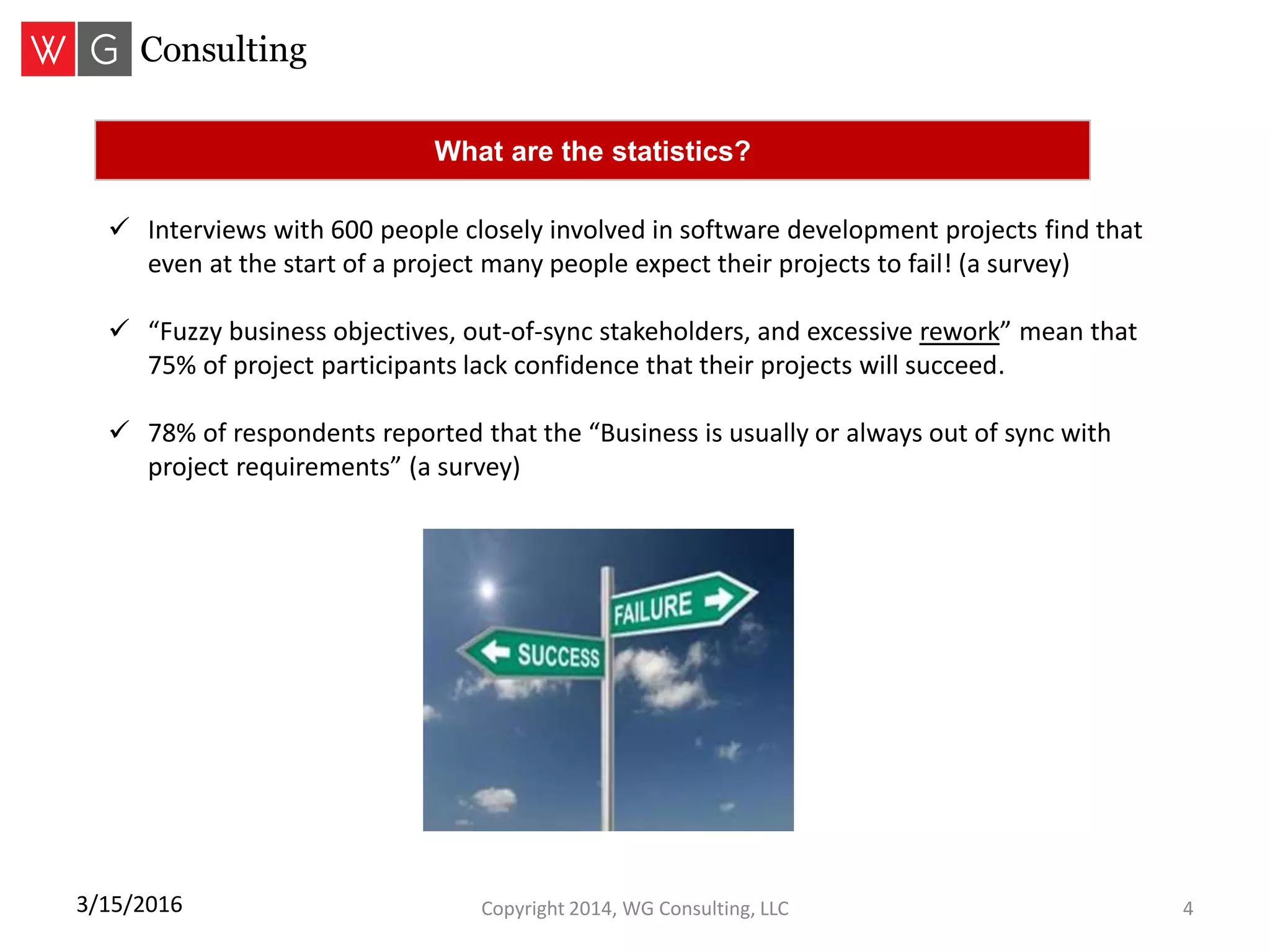 Copyright 2014, WG Consulting, LLC 43/15/2016
 Interviews with 600 people closely involved in software development projects find that
even at the start of a project many people expect their projects to fail! (a survey)
 “Fuzzy business objectives, out-of-sync stakeholders, and excessive rework” mean that
75% of project participants lack confidence that their projects will succeed.
 78% of respondents reported that the “Business is usually or always out of sync with
project requirements” (a survey)
What are the statistics?
 