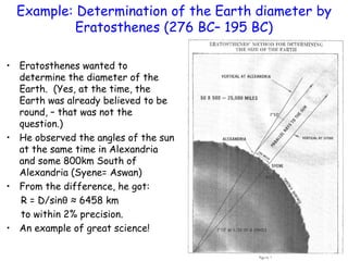 Example: Determination of the Earth diameter by
Eratosthenes (276 BC– 195 BC)
• Eratosthenes wanted to
determine the diameter of the
Earth. (Yes, at the time, the
Earth was already believed to be
round, – that was not the
question.)
• He observed the angles of the sun
at the same time in Alexandria
and some 800km South of
Alexandria (Syene= Aswan)
• From the difference, he got:
R = D/sinθ ≈ 6458 km
to within 2% precision.
• An example of great science!
 