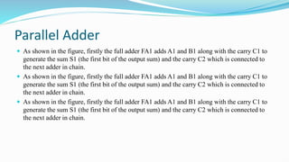 Parallel Adder
 As shown in the figure, firstly the full adder FA1 adds A1 and B1 along with the carry C1 to
generate the sum S1 (the first bit of the output sum) and the carry C2 which is connected to
the next adder in chain.
 As shown in the figure, firstly the full adder FA1 adds A1 and B1 along with the carry C1 to
generate the sum S1 (the first bit of the output sum) and the carry C2 which is connected to
the next adder in chain.
 As shown in the figure, firstly the full adder FA1 adds A1 and B1 along with the carry C1 to
generate the sum S1 (the first bit of the output sum) and the carry C2 which is connected to
the next adder in chain.
 