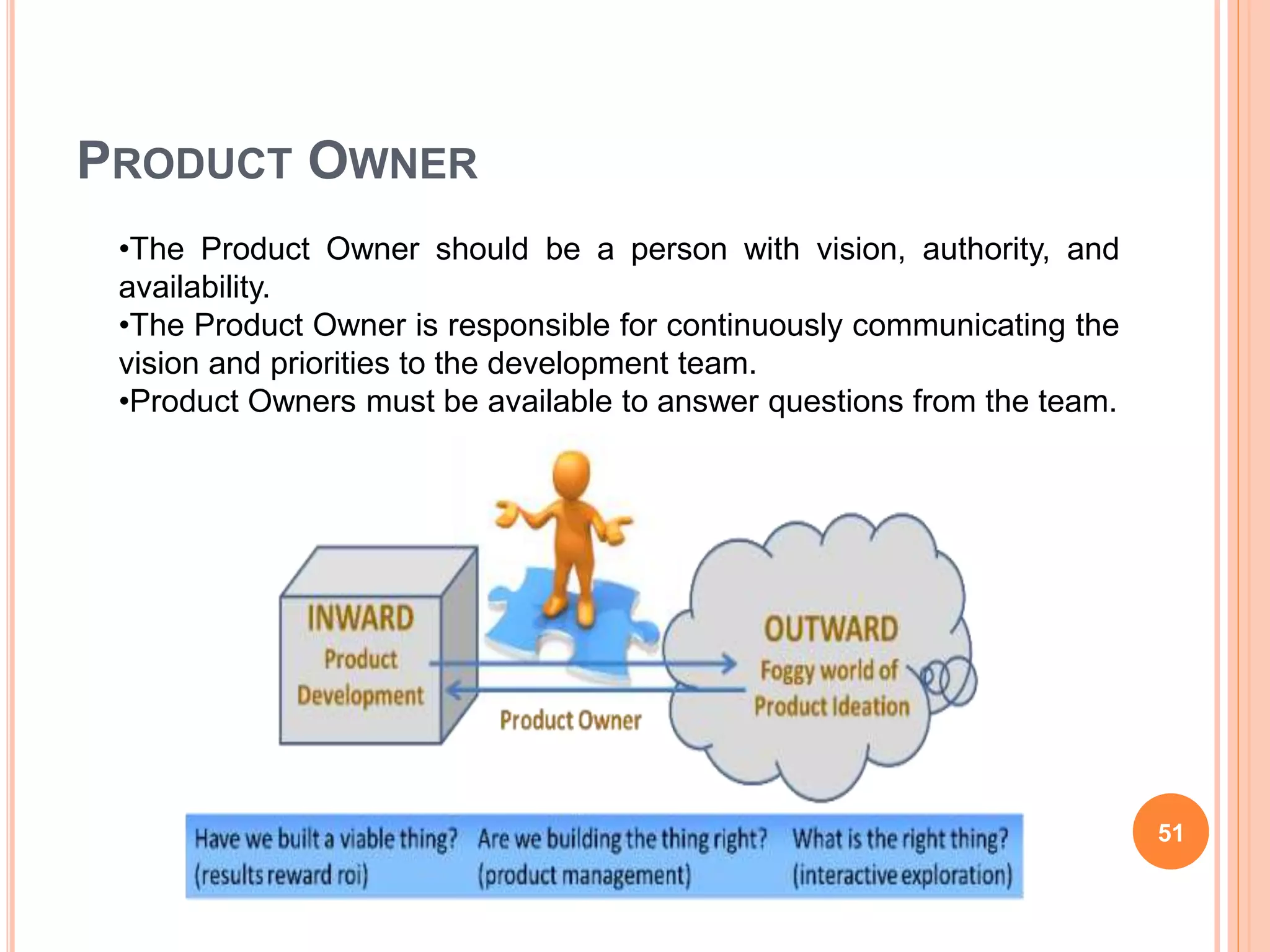 PRODUCT OWNER
51
•The Product Owner should be a person with vision, authority, and
availability.
•The Product Owner is responsible for continuously communicating the
vision and priorities to the development team.
•Product Owners must be available to answer questions from the team.
 