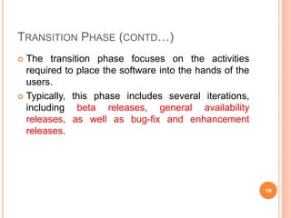 TRANSITION PHASE (CONTD…)
 The transition phase focuses on the activities
required to place the software into the hands of the
users.
 Typically, this phase includes several iterations,
including beta releases, general availability
releases, as well as bug-fix and enhancement
releases.
19
 