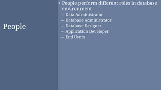 People
• People perform different roles in database
environment
– Data Administrator
– Database Administrator
– Database Designer
– Application Developer
– End Users
 