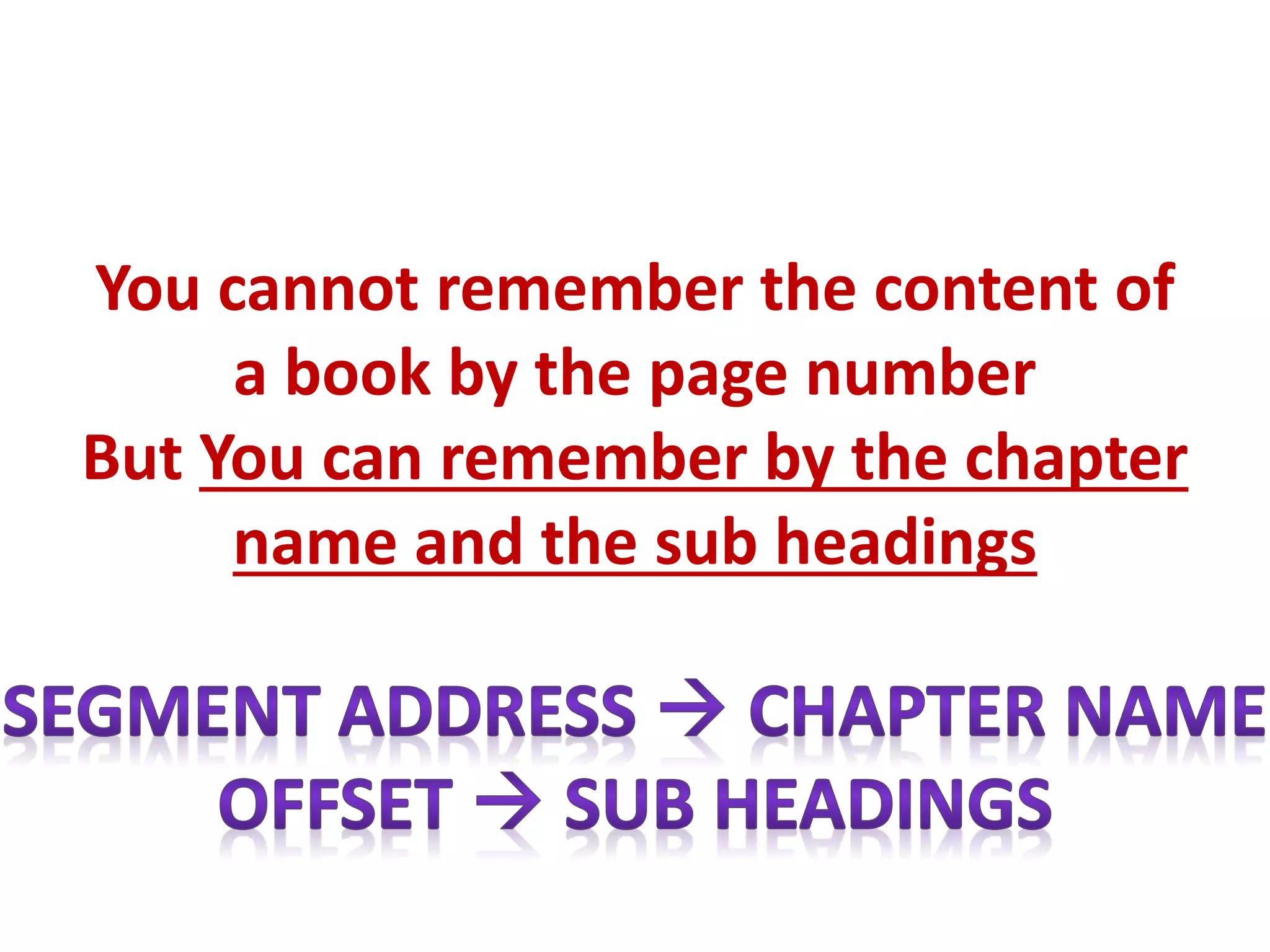You cannot remember the content of
a book by the page number
But You can remember by the chapter
name and the sub headings
 