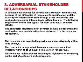 3. ADVERSARIAL STAKEHOLDER
RELATIONSHIPS
In conventional process for adversarial stakeholder relationships,
because of the difficulties of requirements specification and the
exchange of information solely through paper documents that
captured engineering information in ad hoc formats. The following
sequence of events was typical for most contractual software
efforts:
The contractor prepared a draft contract-deliverable document that
captured an intermediate artifact and delivered it to the customer
for approval.
The customer was expected to provide comments (typically within
15 to 30 days).
The contractor incorporated these comments and submitted
(typically within 15 to 30 days) a final version for approval.
This one-shot review process encouraged high levels of sensitivity
on the part of customers and contractors.
 