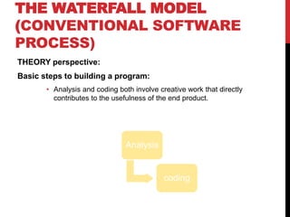 THE WATERFALL MODEL
(CONVENTIONAL SOFTWARE
PROCESS)
THEORY perspective:
Basic steps to building a program:
• Analysis and coding both involve creative work that directly
contributes to the usefulness of the end product.
Analysis
coding
 