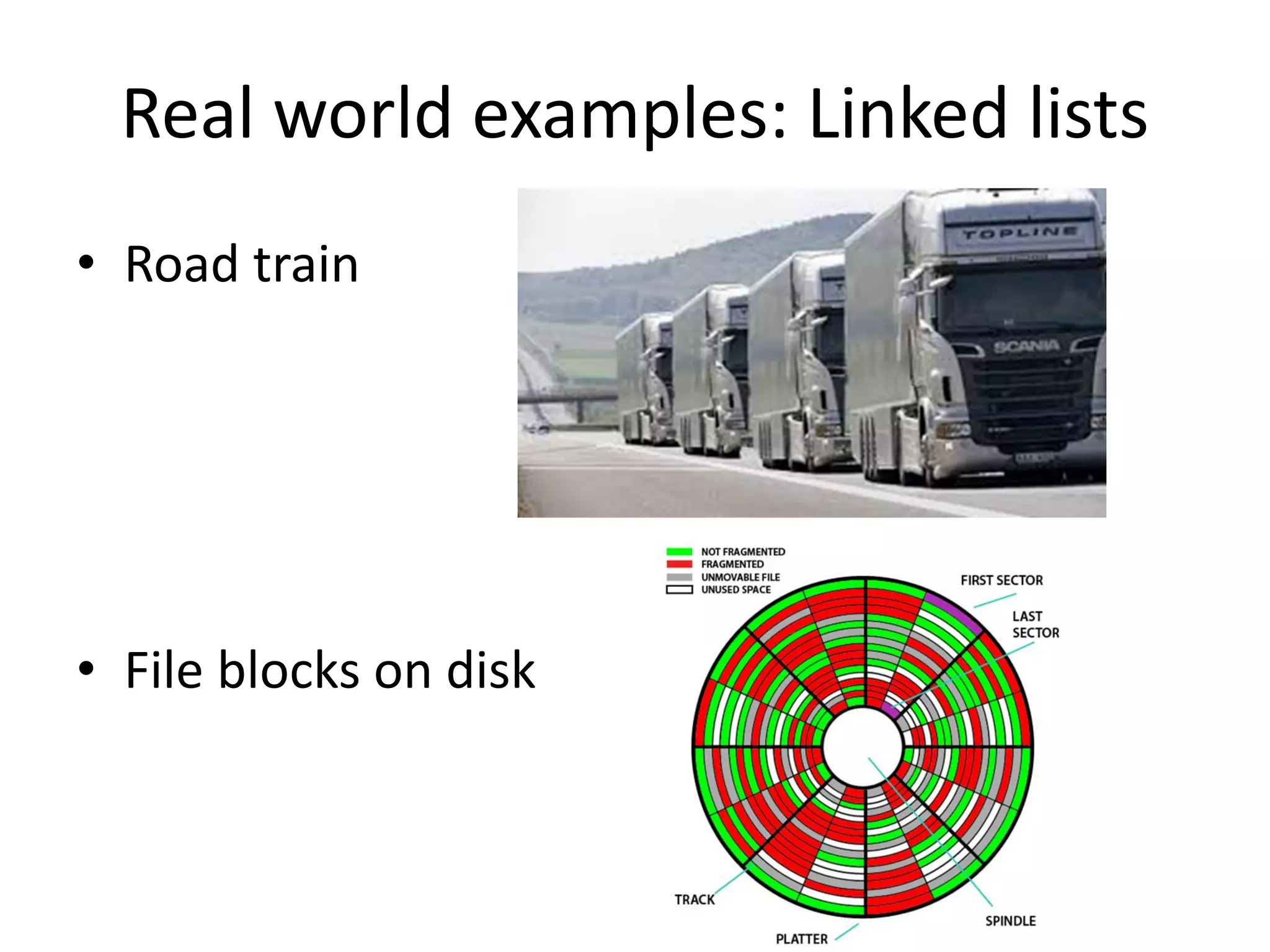 Real world examples: Linked lists
• Road train
• File blocks on disk
 