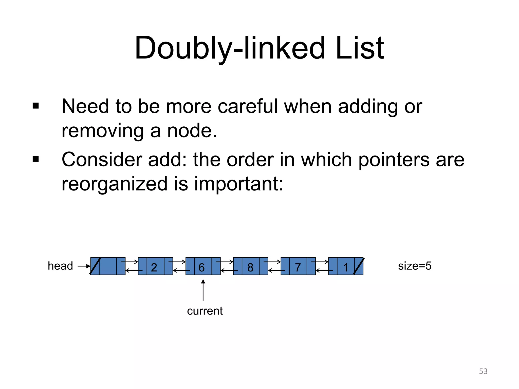 Doubly-linked List
▪ Need to be more careful when adding or
removing a node.
▪ Consider add: the order in which pointers are
reorganized is important:
size=5
2 6 8 7 1
head
current
53
 