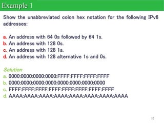 10
Show the unabbreviated colon hex notation for the following IPv6
addresses:
a. An address with 64 0s followed by 64 1s.
b. An address with 128 0s.
c. An address with 128 1s.
d. An address with 128 alternative 1s and 0s.
Solution
a. 0000:0000:0000:0000:FFFF:FFFF:FFFF:FFFF
b. 0000:0000:0000:0000:0000:0000:0000:0000
c. FFFF:FFFF:FFFF:FFFF:FFFF:FFFF:FFFF:FFFF
d. AAAA:AAAA:AAAA:AAAA:AAAA:AAAA:AAAA:AAAA
Example 1
 