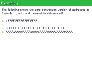 11
The following shows the zero contraction version of addresses in
Example 1 (part c and d cannot be abbreviated)
a. :: FFFF:FFFF:FFFF:FFFF
b. ::
c. FFFF:FFFF:FFFF:FFFF:FFFF:FFFF:FFFF:FFFF
d. AAAA:AAAA:AAAA:AAAA:AAAA:AAAA:AAAA:AAAA
Example 2
 
