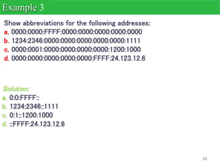12
Show abbreviations for the following addresses:
a. 0000:0000:FFFF:0000:0000:0000:0000:0000
b. 1234:2346:0000:0000:0000:0000:0000:1111
c. 0000:0001:0000:0000:0000:0000:1200:1000
d. 0000:0000:0000:0000:0000:FFFF:24.123.12.6
Example 3
Solution:
a. 0:0:FFFF::
b. 1234:2346::1111
c. 0:1::1200:1000
d. ::FFFF:24.123.12.6
 
