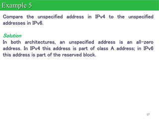 17
Compare the unspecified address in IPv4 to the unspecified
addresses in IPv6.
Solution
In both architectures, an unspecified address is an all-zero
address. In IPv4 this address is part of class A address; in IPv6
this address is part of the reserved block.
Example 5
 