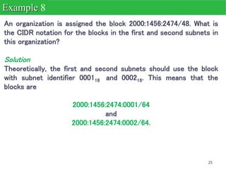 25
An organization is assigned the block 2000:1456:2474/48. What is
the CIDR notation for the blocks in the first and second subnets in
this organization?
Solution
Theoretically, the first and second subnets should use the block
with subnet identifier 000116 and 000216. This means that the
blocks are
2000:1456:2474:0001/64
and
2000:1456:2474:0002/64.
Example 8
 
