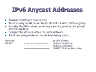 IPv6 Anycast Addresses
 Anycast Packets are new to IPv6
 Automatically sends packet to the closest member within a group.
 Provides flexibility when requesting a service provided by several
different routers.
 Designed for devices within the same network.
 Addresses assigned from Unicast Addressing space.
From ONE: To ONE of Many:
SOURCE ------------------------------- Multicast Destination
------------------------------- Multicast Destination
----------------------------- CLOSEST Multicast Destination
 
