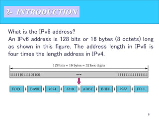 8
2- INTRODUCTION
What is the IPv6 address?
An IPv6 address is 128 bits or 16 bytes (8 octets) long
as shown in this figure. The address length in IPv6 is
four times the length address in IPv4.
 