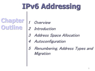 1
Chapter
Outline 2 Introduction
3 Address Space Allocation
4 Autoconfiguration
5 Renumbering, Address Types and
Migration
1 Overview
IPv6 Addressing
 