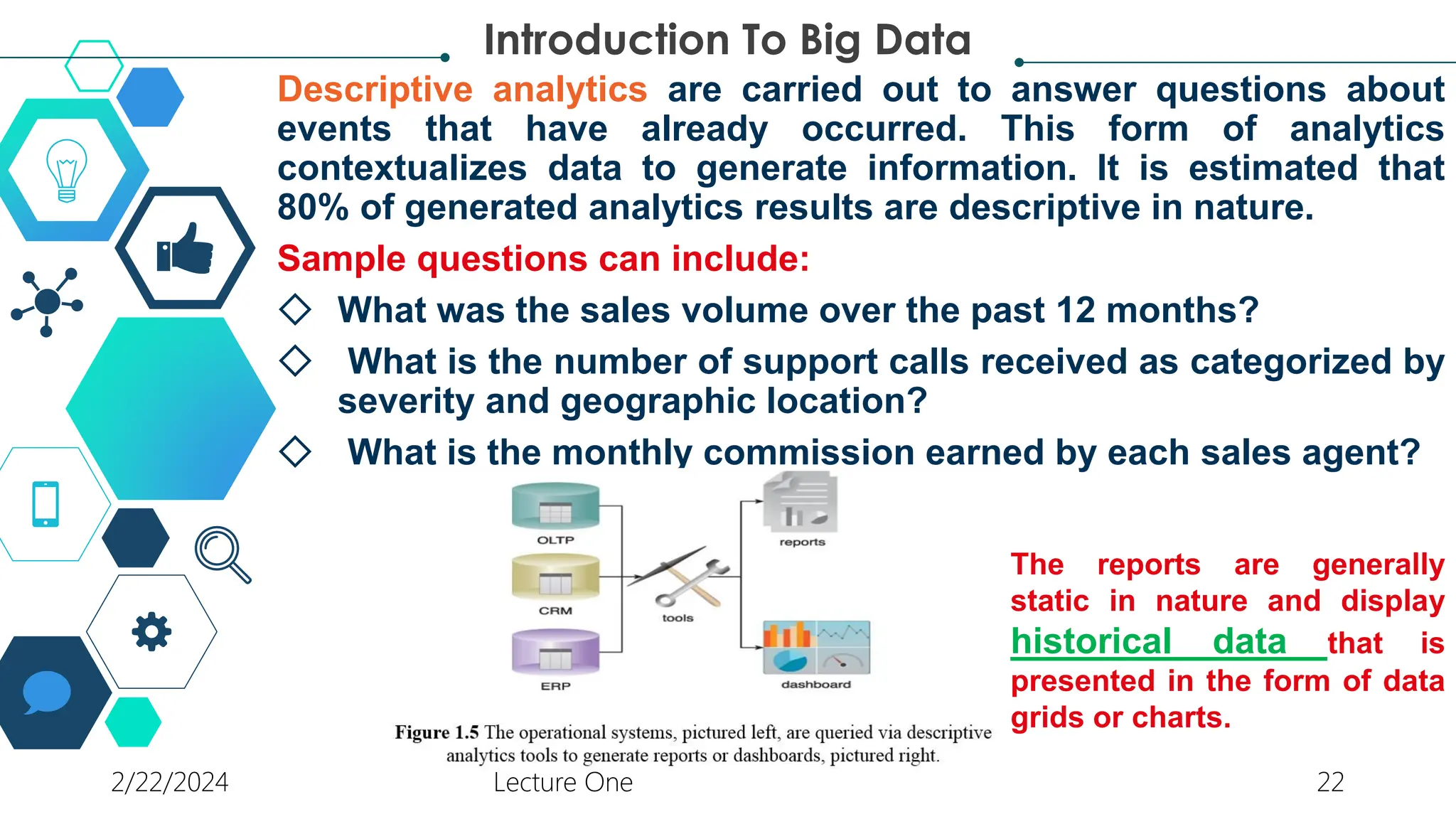 Descriptive analytics are carried out to answer questions about
events that have already occurred. This form of analytics
contextualizes data to generate information. It is estimated that
80% of generated analytics results are descriptive in nature.
Sample questions can include:
◇ What was the sales volume over the past 12 months?
◇ What is the number of support calls received as categorized by
severity and geographic location?
◇ What is the monthly commission earned by each sales agent?
Introduction To Big Data
The reports are generally
static in nature and display
historical data that is
presented in the form of data
grids or charts.
2/22/2024 Lecture One 22
 