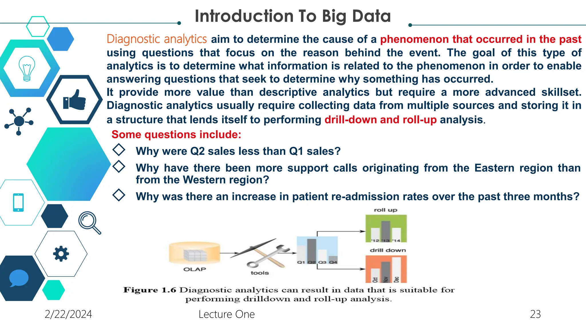 Some questions include:
◇ Why were Q2 sales less than Q1 sales?
◇ Why have there been more support calls originating from the Eastern region than
from the Western region?
◇ Why was there an increase in patient re-admission rates over the past three months?
Introduction To Big Data
Diagnostic analytics aim to determine the cause of a phenomenon that occurred in the past
using questions that focus on the reason behind the event. The goal of this type of
analytics is to determine what information is related to the phenomenon in order to enable
answering questions that seek to determine why something has occurred.
It provide more value than descriptive analytics but require a more advanced skillset.
Diagnostic analytics usually require collecting data from multiple sources and storing it in
a structure that lends itself to performing drill-down and roll-up analysis.
2/22/2024 Lecture One 23
 