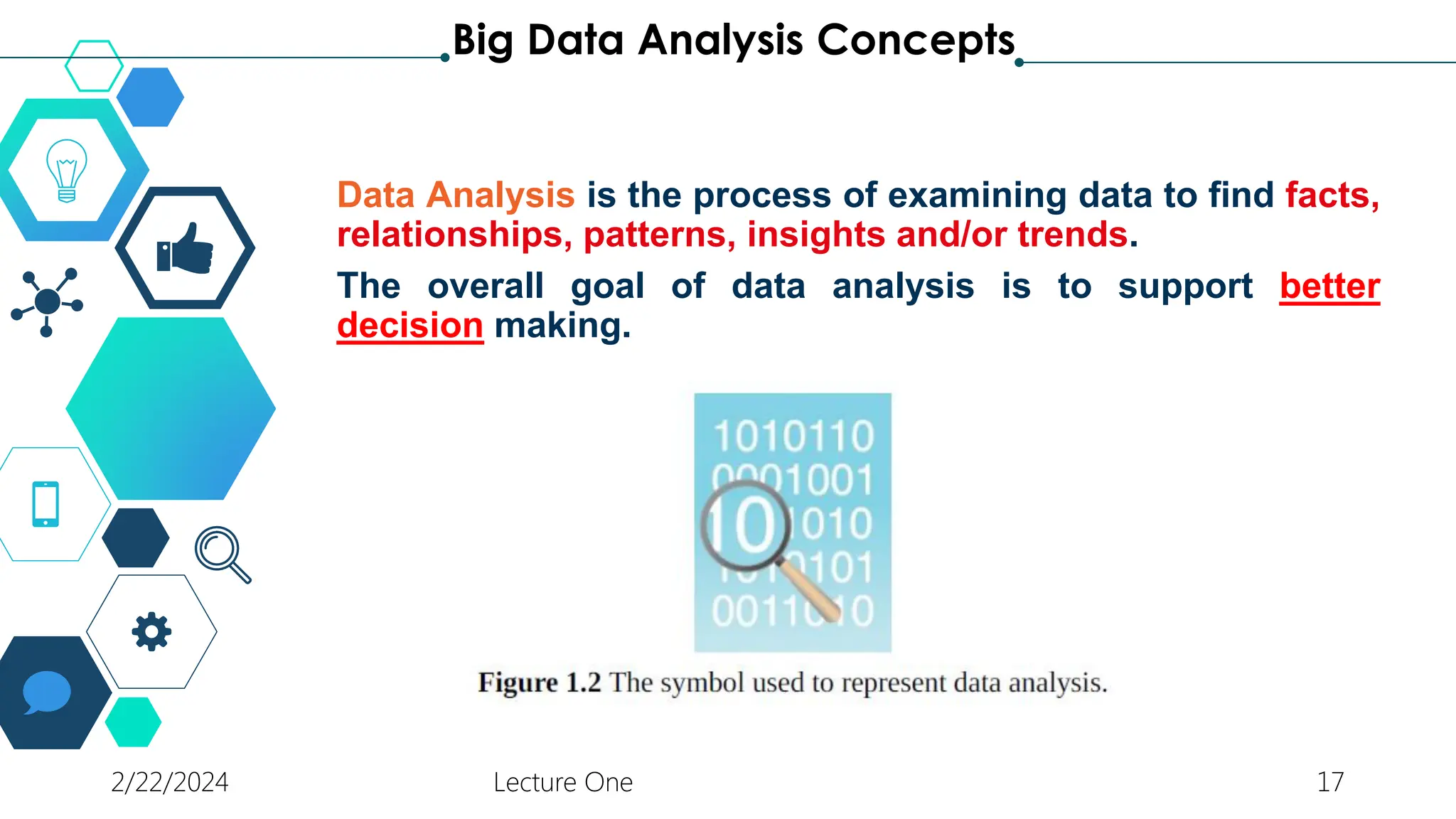 Data Analysis is the process of examining data to find facts,
relationships, patterns, insights and/or trends.
The overall goal of data analysis is to support better
decision making.
2/22/2024 Lecture One 17
Big Data Analysis Concepts
 