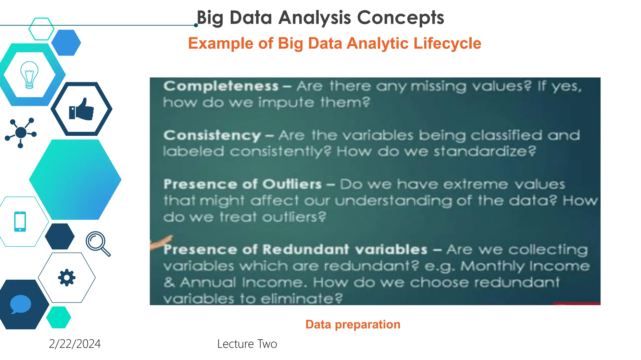 Data preparation
Big Data Analysis Concepts
Example of Big Data Analytic Lifecycle
2/22/2024 Lecture Two
 
