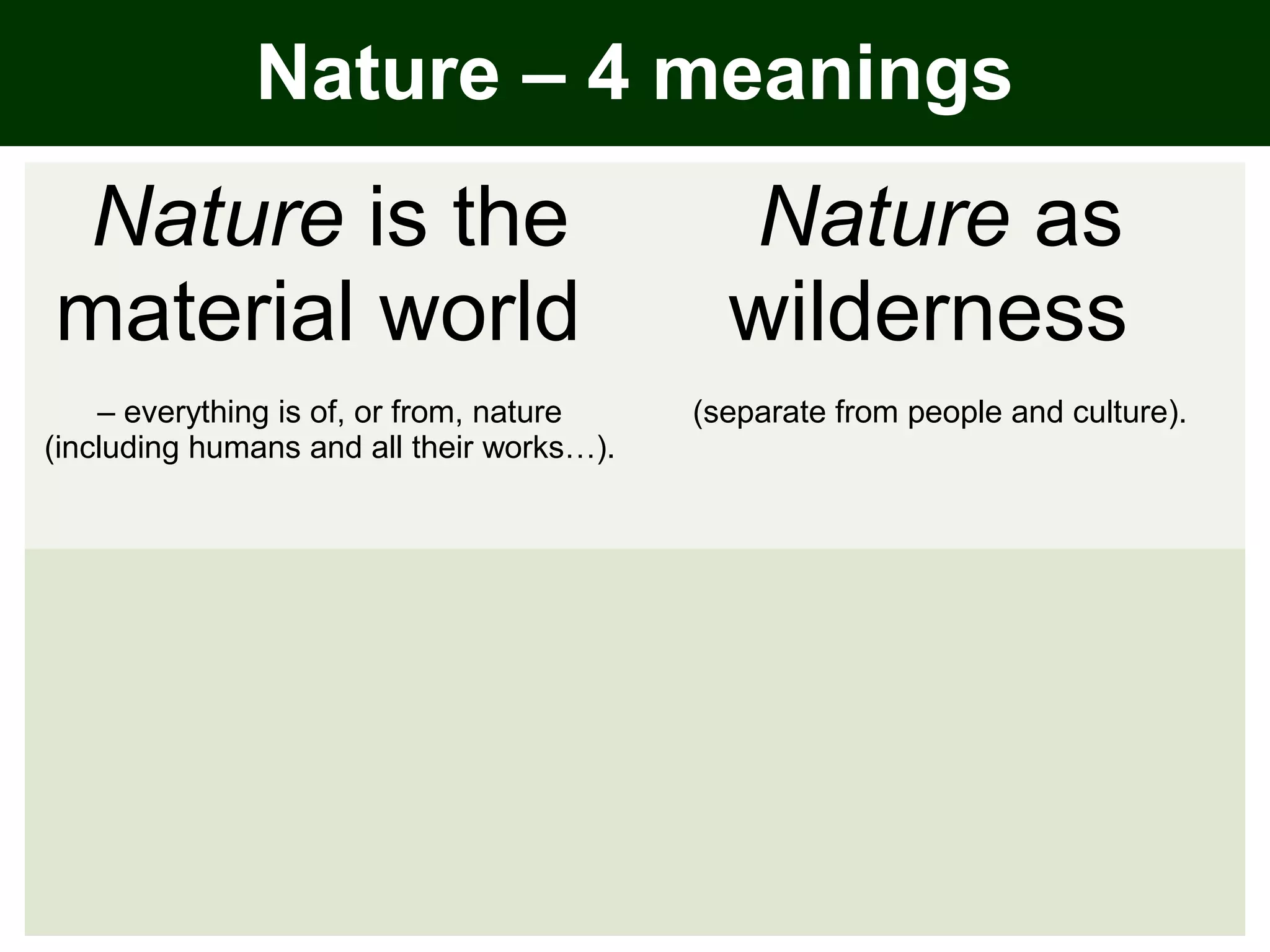 Nature is the
material world
– everything is of, or from, nature
(including humans and all their works…).
Nature as
wilderness
(separate from people and culture).
Nature – 4 meanings
 