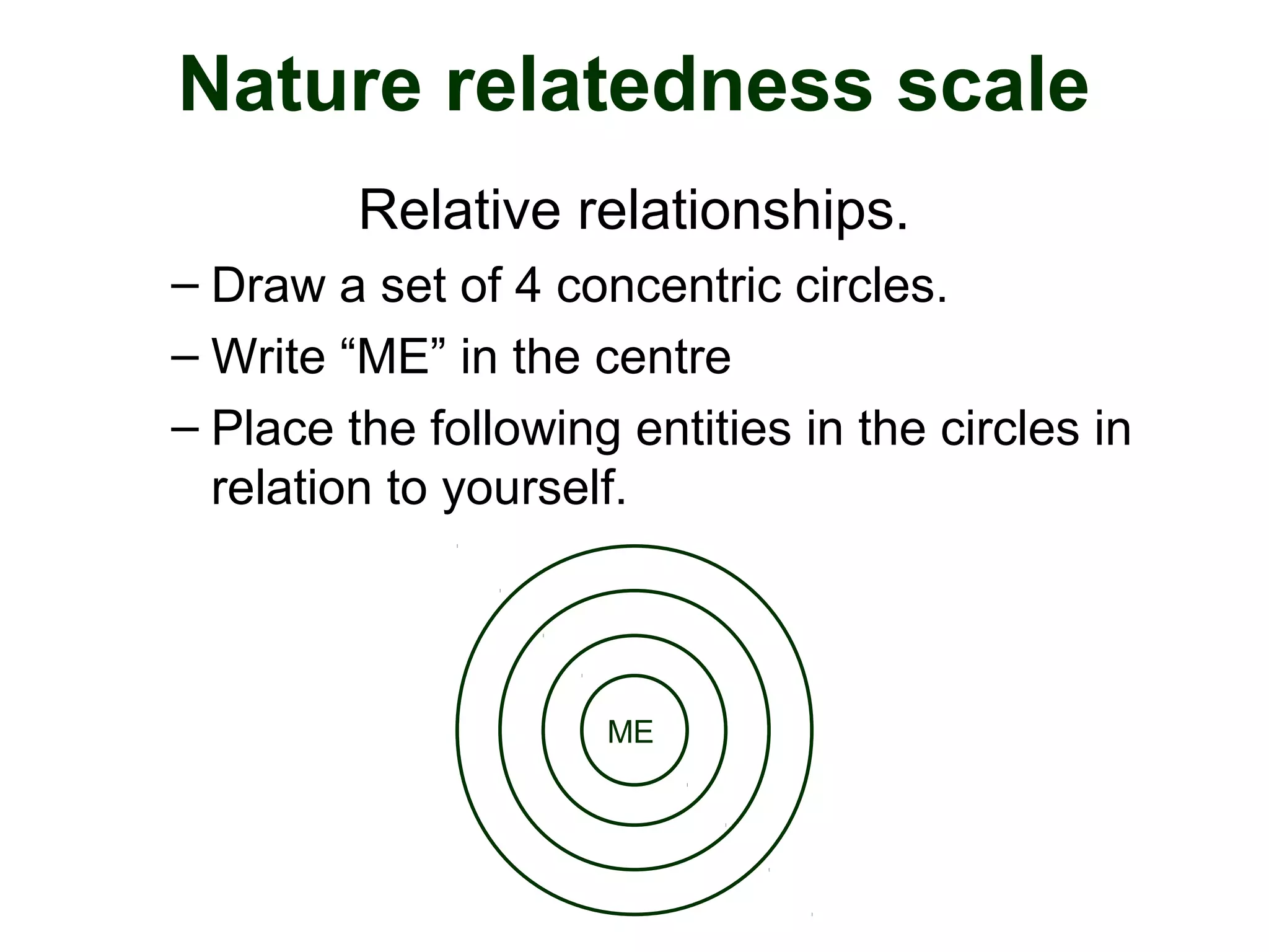 Nature relatedness scale
Relative relationships.
– Draw a set of 4 concentric circles.
– Write “ME” in the centre
– Place the following entities in the circles in
relation to yourself.
ME
 
