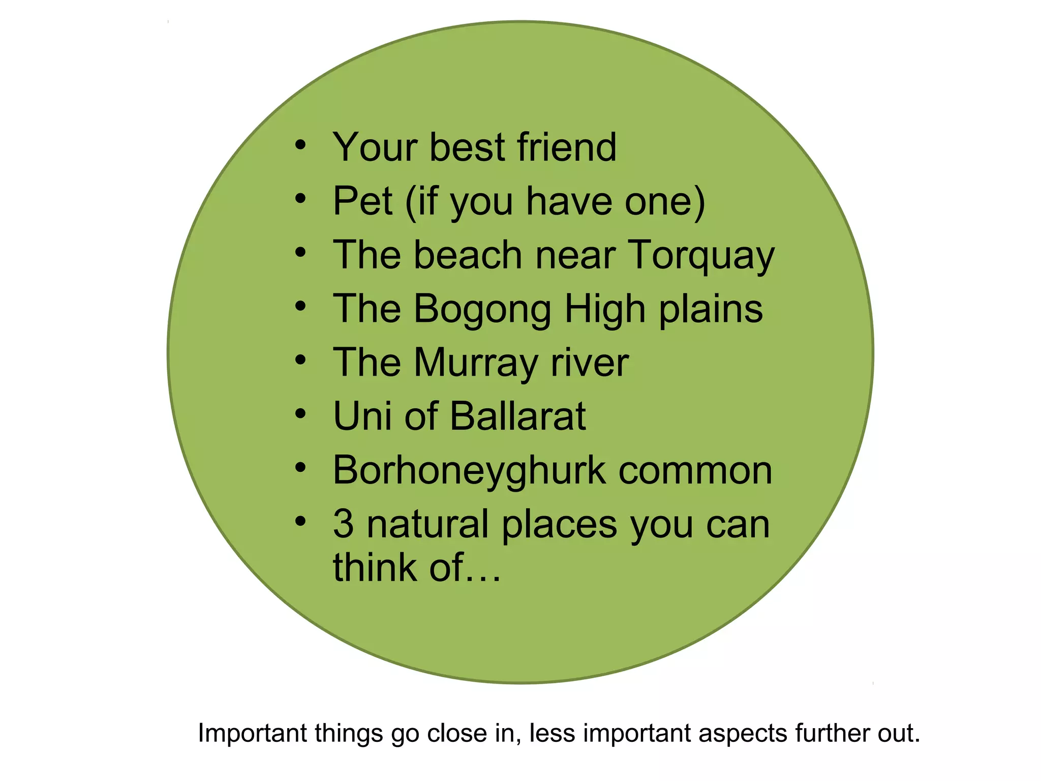 • Your best friend
• Pet (if you have one)
• The beach near Torquay
• The Bogong High plains
• The Murray river
• Uni of Ballarat
• Borhoneyghurk common
• 3 natural places you can
think of…
Important things go close in, less important aspects further out.
 