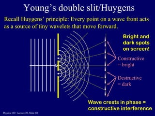 Young’s double slit/Huygens Recall Huygens’ principle: Every point on a wave front acts as a source of tiny wavelets that move forward. Wave crests in phase = constructive interference Bright and dark spots on screen! • • Constructive = bright Destructive = dark 