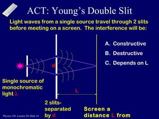 ACT: Young’s Double Slit Screen a distance  L  from slits Single source of monochromatic light   d 2 slits-separated by  d Constructive Destructive Depends on L L Light waves from a single source travel through 2 slits before meeting on a screen.  The interference will be: 