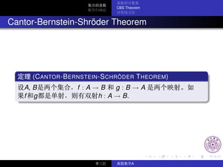 CBS Theorem



Cantor-Bernstein-Shröder Theorem




     (C ANTOR -B ERNSTEIN -S CHRÖDER T HEOREM)
   A, B           f :A→B     g:B→A
   f g                 h : A → B.




                                    A
 