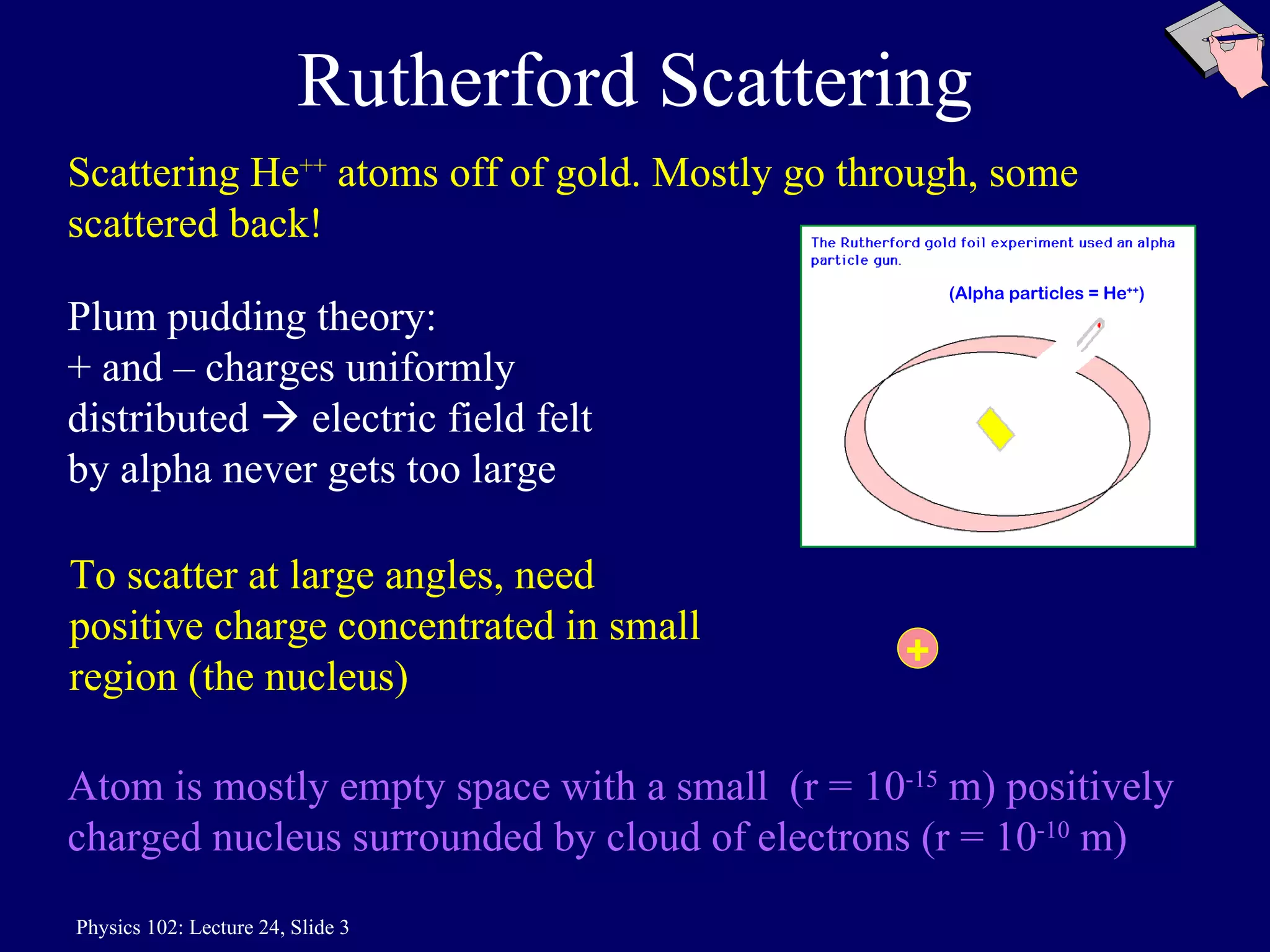 Rutherford Scattering Scattering He ++  atoms off of gold. Mostly go through, some scattered back! Atom is mostly empty space with a small  (r = 10 -15  m) positively charged nucleus surrounded by cloud of electrons (r = 10 -10  m) Plum pudding theory: + and – charges uniformly distributed    electric field felt by alpha never gets too large To scatter at large angles, need positive charge concentrated in small region (the nucleus) + (Alpha particles = He ++ ) 