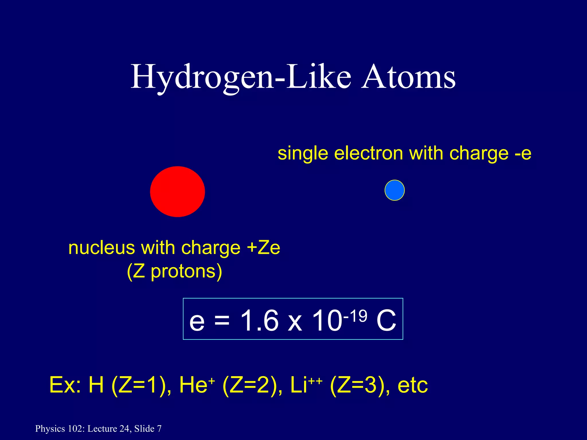 Hydrogen-Like Atoms nucleus with charge +Ze (Z protons) single electron with charge -e e = 1.6 x 10 -19  C Ex: H (Z=1), He +  (Z=2), Li ++  (Z=3), etc 