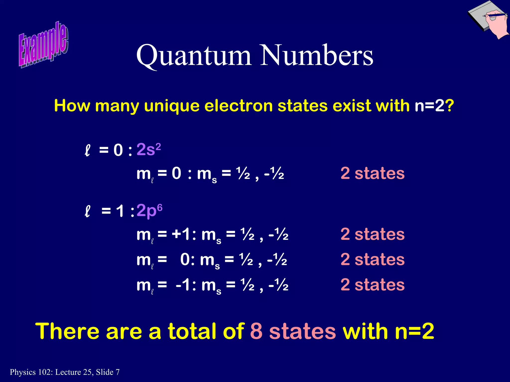 Quantum Numbers How many unique electron states exist with  n=2 ? l   = 0 : m l  = 0 : m s  = ½ , -½  2 states l  = 1 : m l  = +1: m s  = ½ , -½  2 states m l  =  0: m s  = ½ , -½  2 states m l  =  -1: m s  = ½ , -½  2 states 2s 2 2p 6 There are a total of   8 states   with n=2 Example 